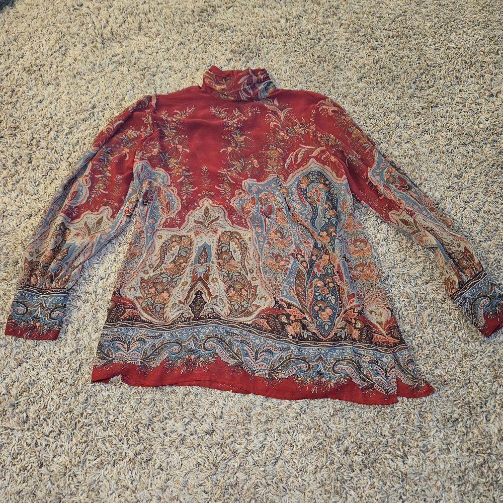 Lauren Ralph Lauren Red Sheer Paisley Print Mock Neck Preppy Blouse Size XL